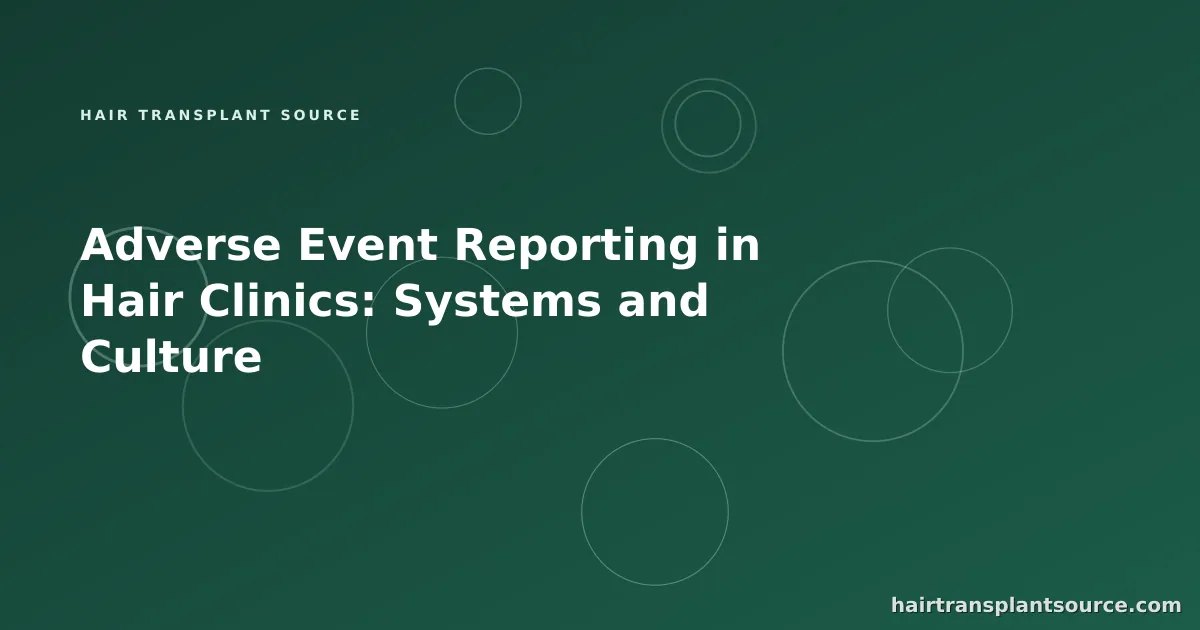 Stylised cover art for “Adverse Event Reporting in Hair Clinics: Systems and Culture” — linked-nodes motif in brand greens (Team & Operations series)