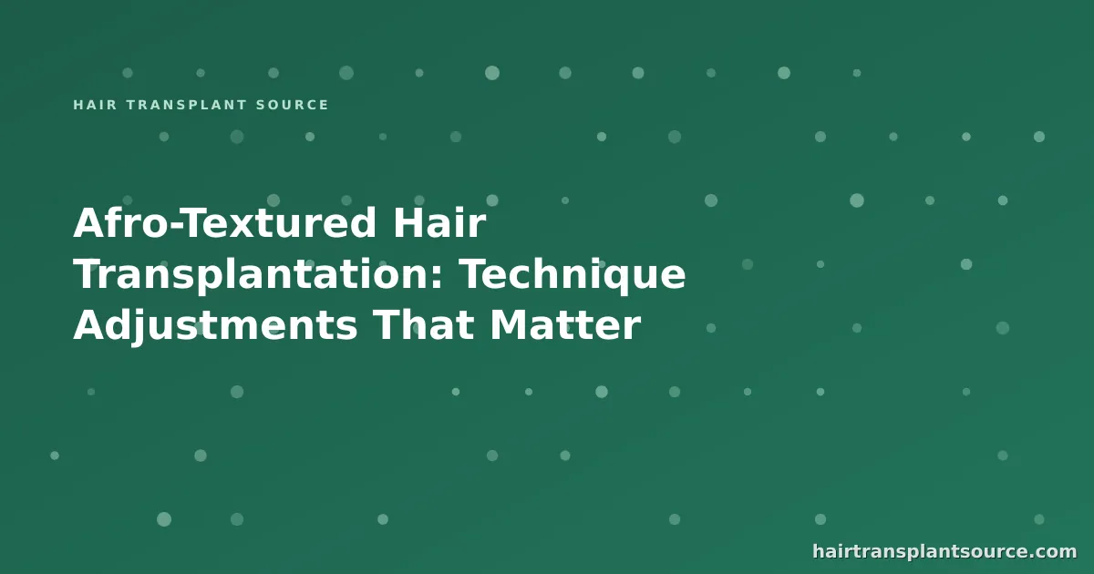 Stylised cover art for “Afro-Textured Hair Transplantation: Technique Adjustments That Matter” — follicular grid motif in brand greens (FUE & DHI series)