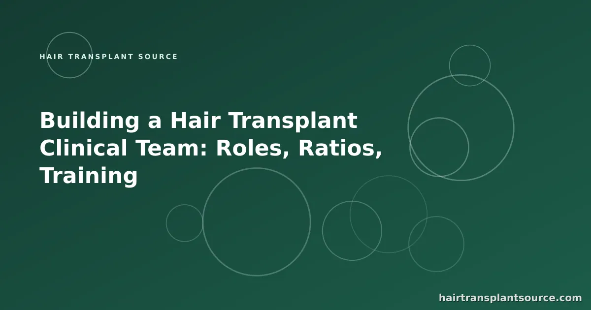 Stylised cover art for “Building a Hair Transplant Clinical Team: Roles, Ratios, Training” — linked-nodes motif in brand greens (Team & Operations series)