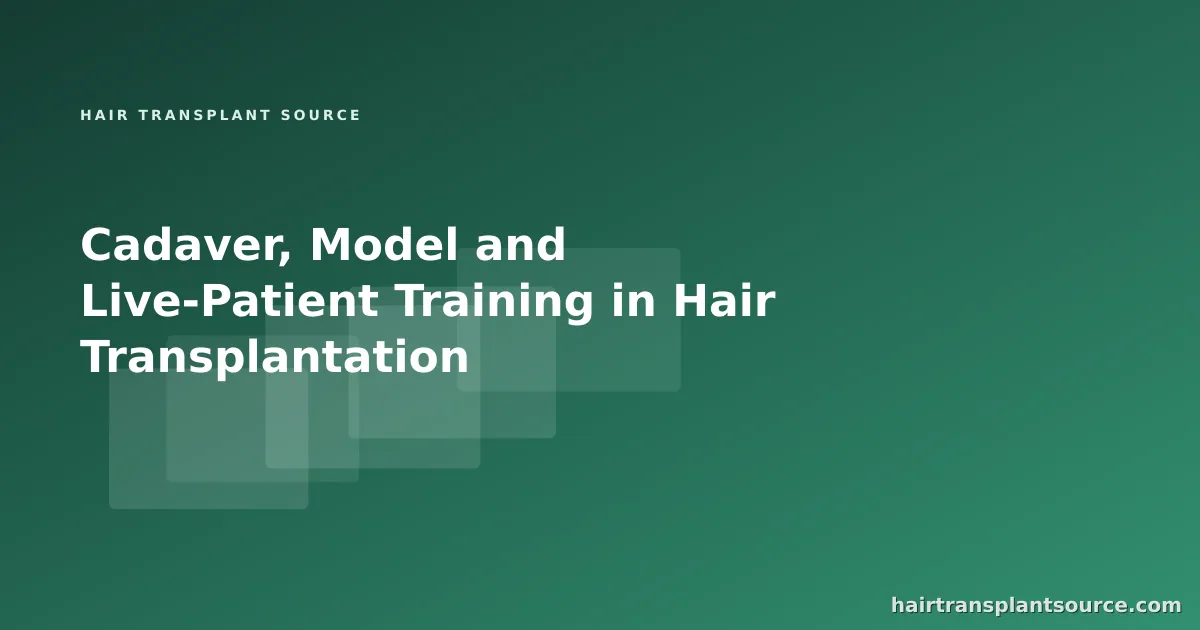 Stylised cover art for “Cadaver, Model and Live-Patient Training in Hair Transplantation” — layered study-card motif in brand greens (Training series)