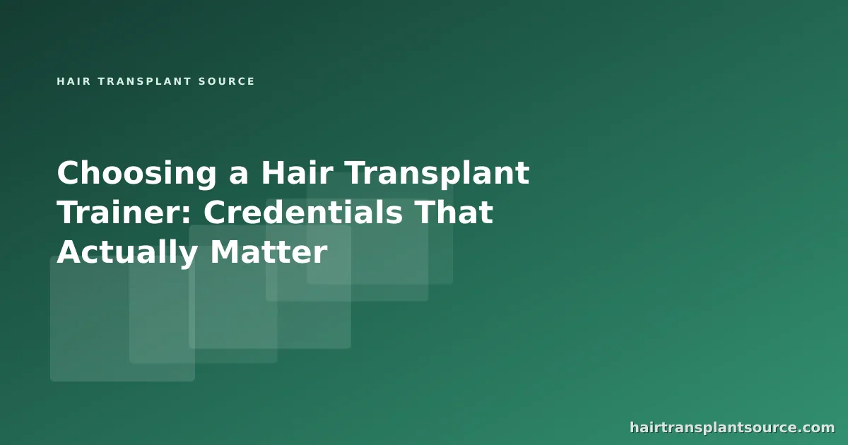 Stylised cover art for “Choosing a Hair Transplant Trainer: Credentials That Actually Matter” — layered study-card motif in brand greens (Training series)