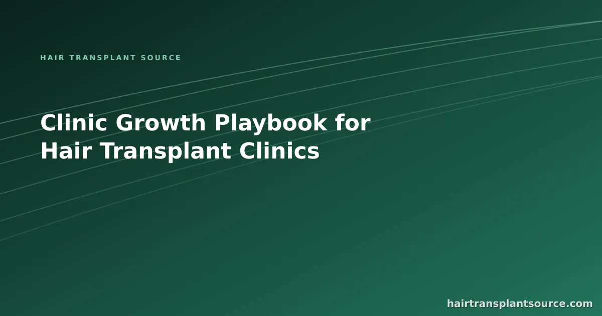 Stylised cover art for “Clinic Growth Playbook for Hair Transplant Clinics” — rising trend-line motif in brand greens (Clinic Growth series)