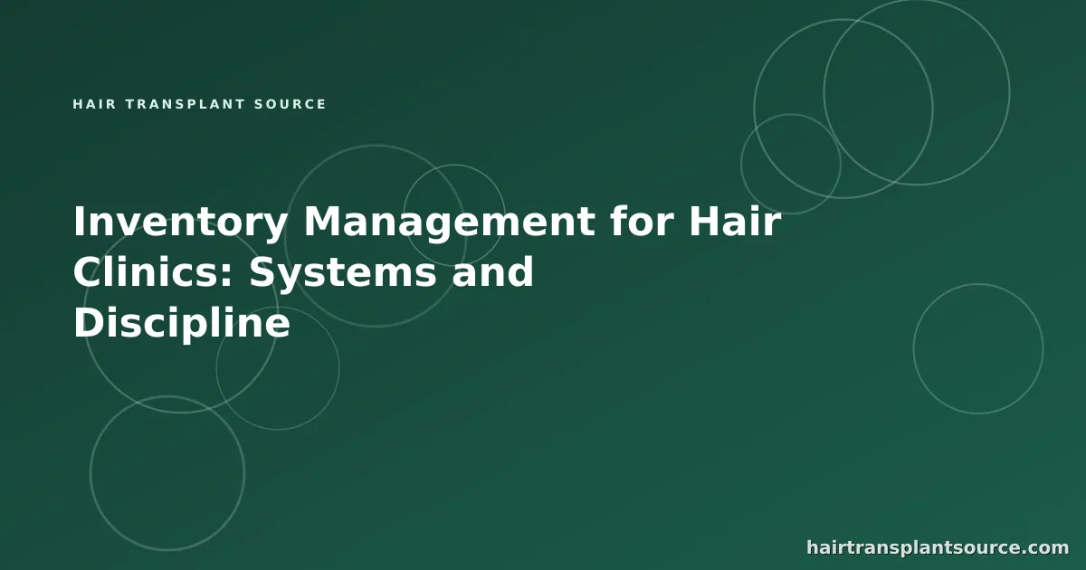 Stylised cover art for “Inventory Management for Hair Clinics: Systems and Discipline” — linked-nodes motif in brand greens (Team & Operations series)