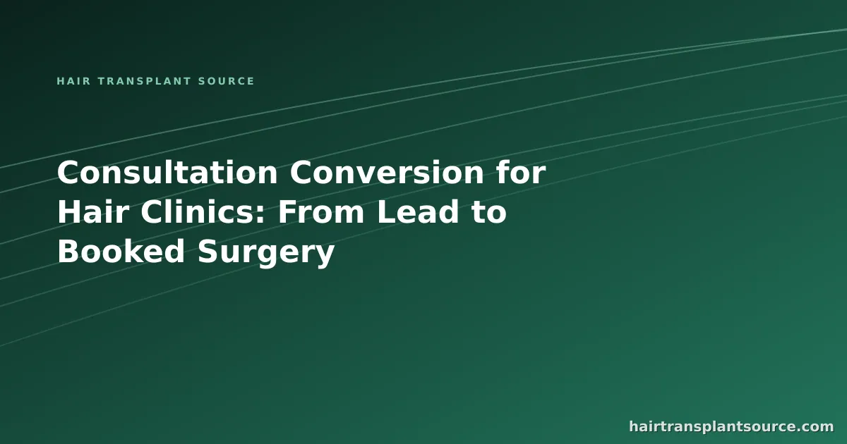 Stylised cover art for “Consultation Conversion for Hair Clinics: From Lead to Booked Surgery” — rising trend-line motif in brand greens (Clinic Growth series)