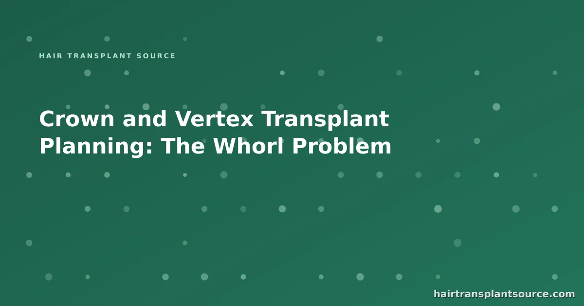 Stylised cover art for “Crown and Vertex Transplant Planning: The Whorl Problem” — follicular grid motif in brand greens (FUE & DHI series)