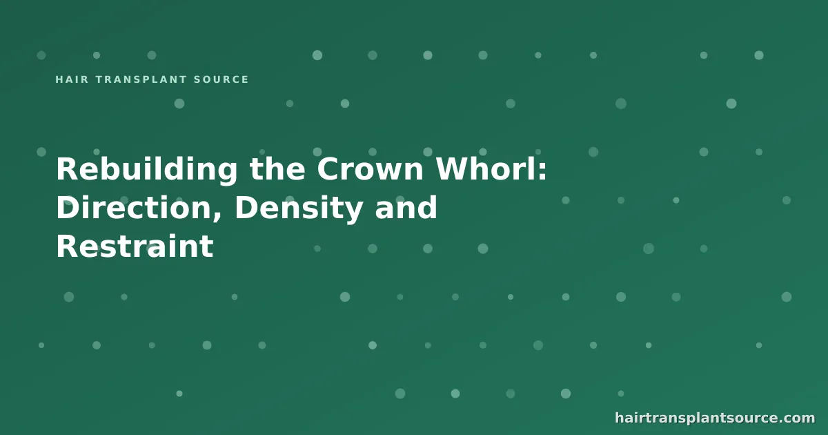 Stylised cover art for “Rebuilding the Crown Whorl: Direction, Density and Restraint” — follicular grid motif in brand greens (FUE & DHI series)