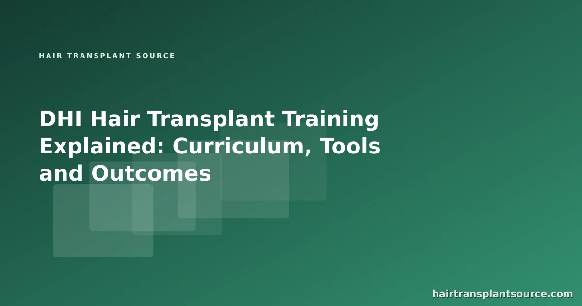 Stylised cover art for “DHI Hair Transplant Training Explained: Curriculum, Tools and Outcomes” — layered study-card motif in brand greens (Training series)