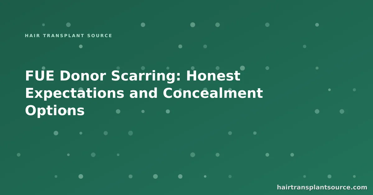 Stylised cover art for “FUE Donor Scarring: Honest Expectations and Concealment Options” — follicular grid motif in brand greens (FUE & DHI series)