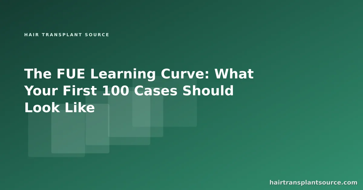 Stylised cover art for “The FUE Learning Curve: What Your First 100 Cases Should Look Like” — layered study-card motif in brand greens (Training series)