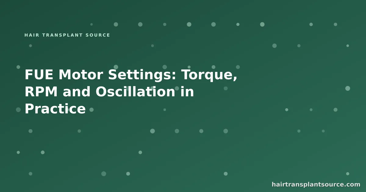 Stylised cover art for “FUE Motor Settings: Torque, RPM and Oscillation in Practice” — instrument grid motif in brand greens (Instruments & Suppliers series)