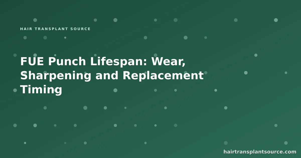 Stylised cover art for “FUE Punch Lifespan: Wear, Sharpening and Replacement Timing” — instrument grid motif in brand greens (Instruments & Suppliers series)