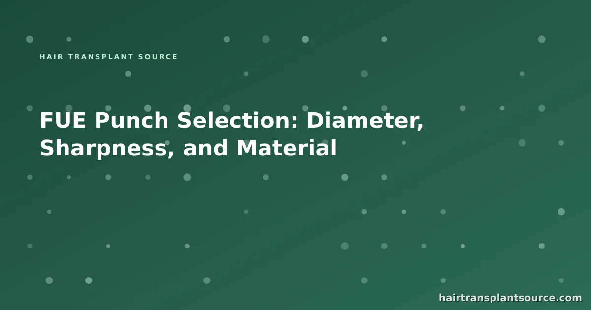 Stylised cover art for “FUE Punch Selection: Diameter, Sharpness, and Material” — instrument grid motif in brand greens (Instruments & Suppliers series)