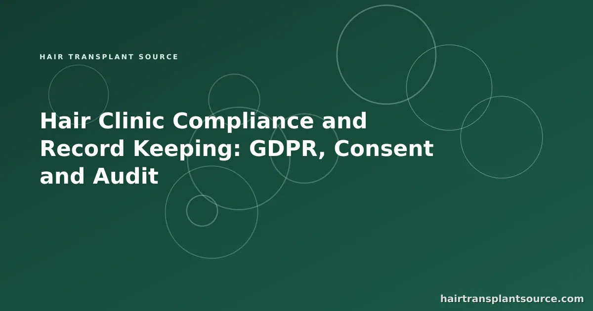 Stylised cover art for “Hair Clinic Compliance and Record Keeping: GDPR, Consent and Audit” — linked-nodes motif in brand greens (Team & Operations series)