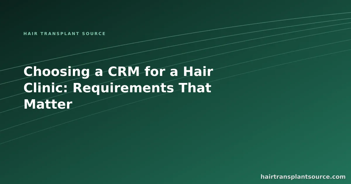 Stylised cover art for “Choosing a CRM for a Hair Clinic: Requirements That Matter” — rising trend-line motif in brand greens (Clinic Growth series)