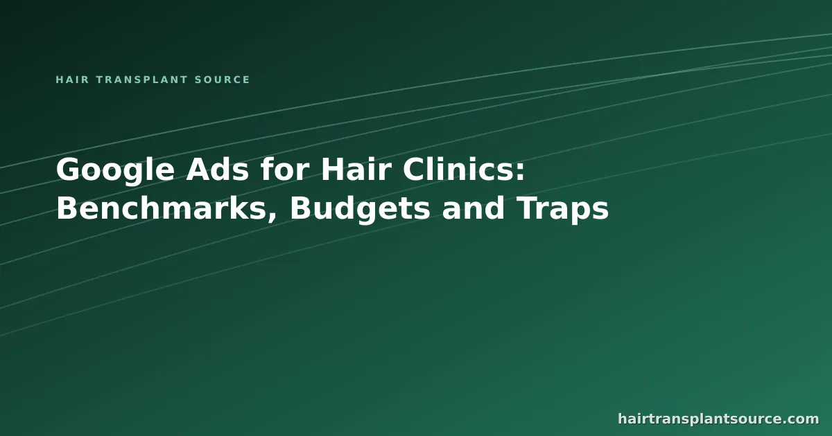 Stylised cover art for “Google Ads for Hair Clinics: Benchmarks, Budgets and Traps” — rising trend-line motif in brand greens (Clinic Growth series)
