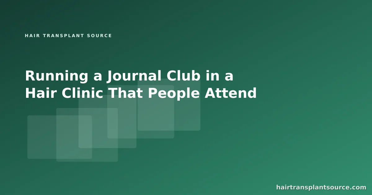 Stylised cover art for “Running a Journal Club in a Hair Clinic That People Attend” — layered study-card motif in brand greens (Training series)