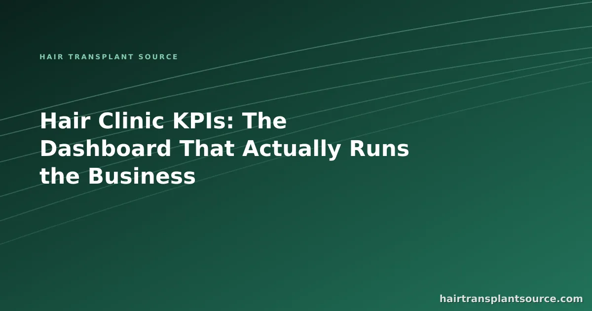 Stylised cover art for “Hair Clinic KPIs: The Dashboard That Actually Runs the Business” — rising trend-line motif in brand greens (Clinic Growth series)