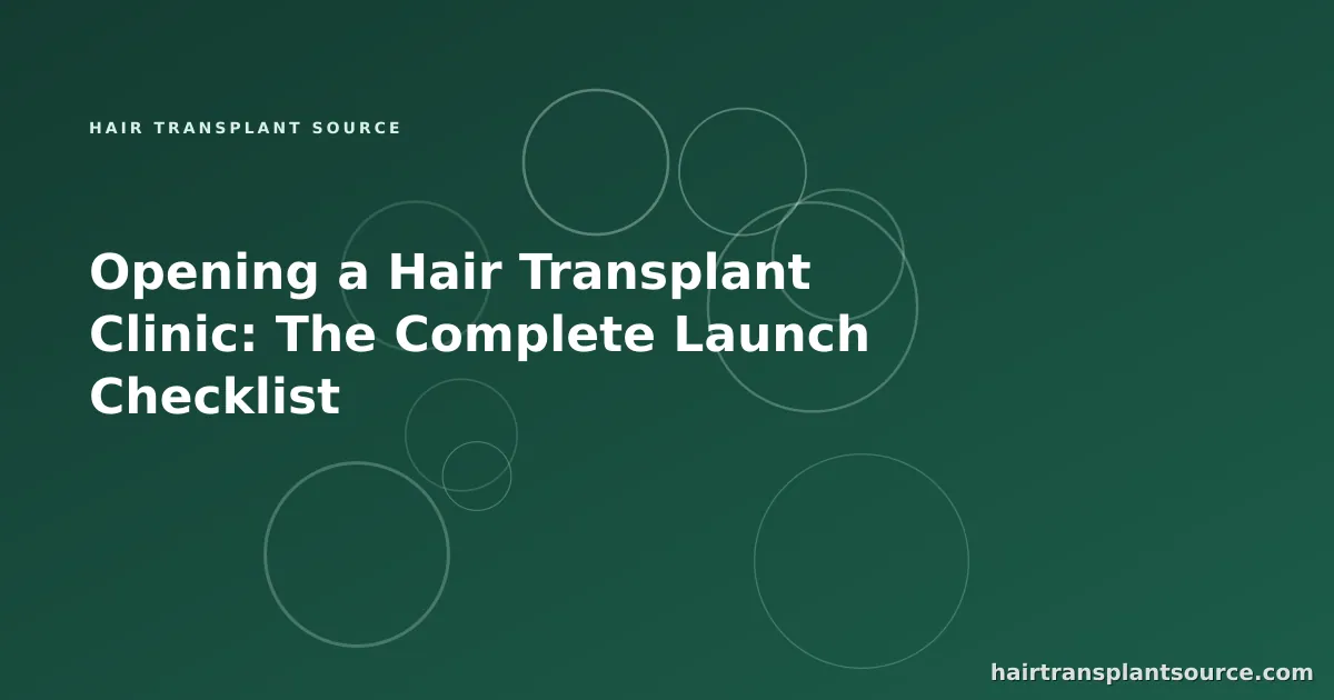 Stylised cover art for “Opening a Hair Transplant Clinic: The Complete Launch Checklist” — linked-nodes motif in brand greens (Team & Operations series)