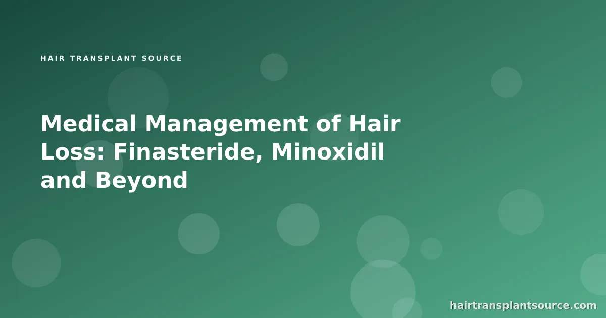Stylised cover art for “Medical Management of Hair Loss: Finasteride, Minoxidil and Beyond” — droplet-pattern motif in brand greens (PRP & Mesotherapy series)