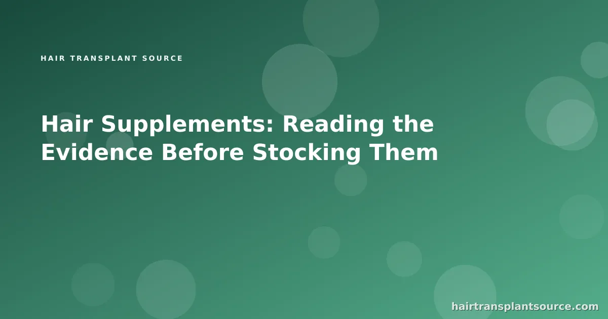 Stylised cover art for “Hair Supplements: Reading the Evidence Before Stocking Them” — droplet-pattern motif in brand greens (PRP & Mesotherapy series)