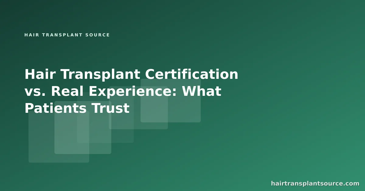 Stylised cover art for “Hair Transplant Certification vs. Real Experience: What Patients Trust” — layered study-card motif in brand greens (Training series)