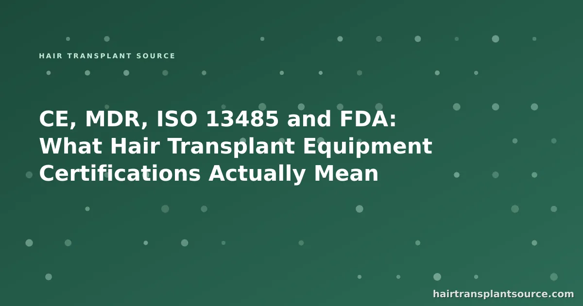 Cover art for "What Hair Transplant Equipment Certifications Actually Mean" — layered certificate and seal motif in brand greens (instruments & suppliers series)