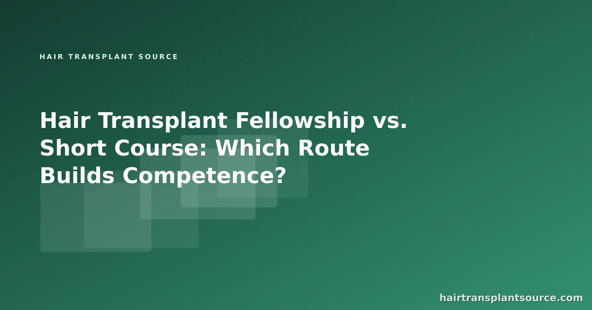 Stylised cover art for “Hair Transplant Fellowship vs. Short Course: Which Route Builds Competence?” — layered study-card motif in brand greens (Training series)
