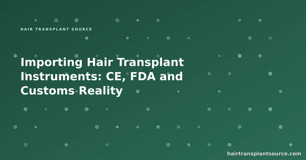 Stylised cover art for “Importing Hair Transplant Instruments: CE, FDA and Customs Reality” — instrument grid motif in brand greens (Instruments & Suppliers series)