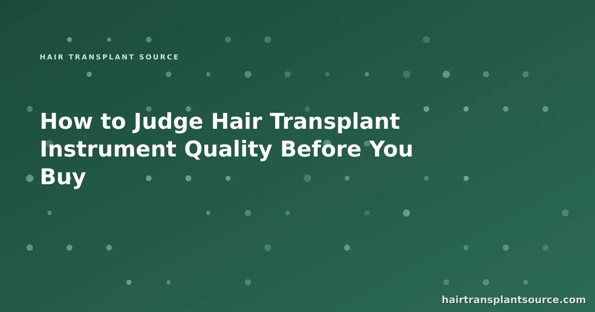 Stylised cover art for “How to Judge Hair Transplant Instrument Quality Before You Buy” — instrument grid motif in brand greens (Instruments & Suppliers series)