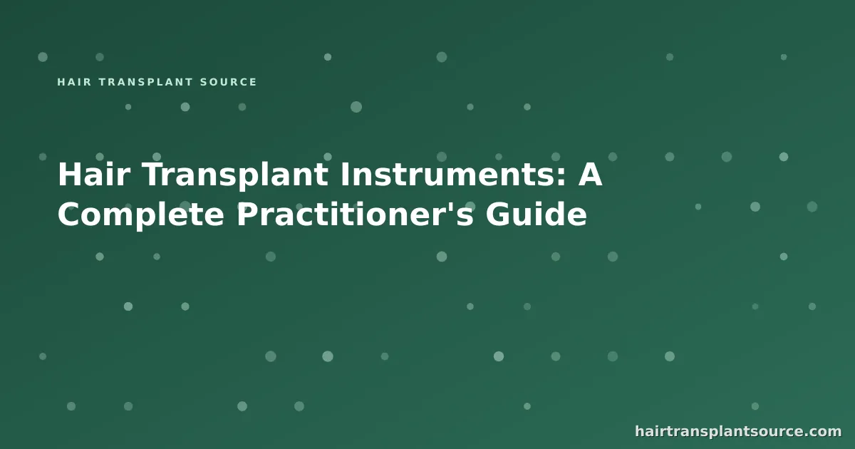 Stylised cover art for “Hair Transplant Instruments: A Complete Practitioner's Guide” — instrument grid motif in brand greens (Instruments & Suppliers series)