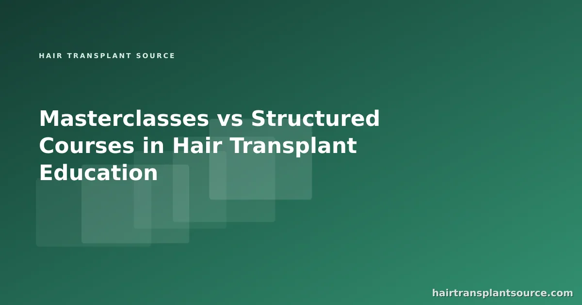 Stylised cover art for “Masterclasses vs Structured Courses in Hair Transplant Education” — layered study-card motif in brand greens (Training series)
