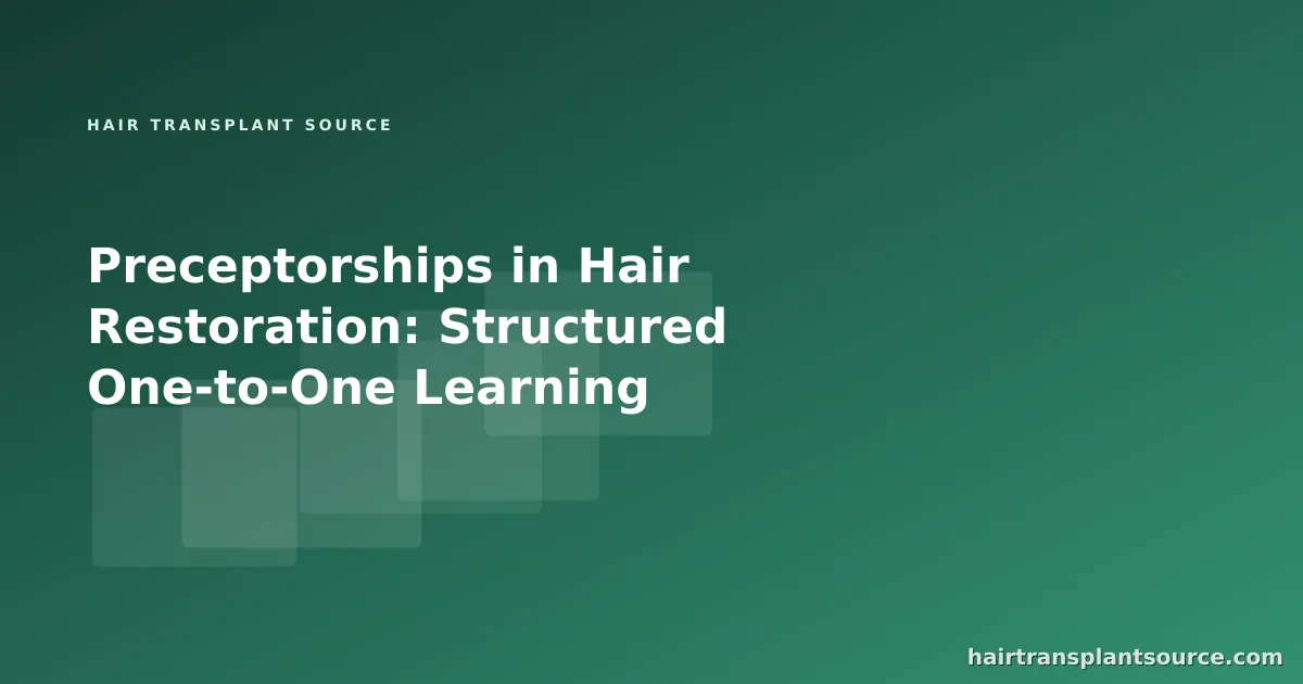 Stylised cover art for “Preceptorships in Hair Restoration: Structured One-to-One Learning” — layered study-card motif in brand greens (Training series)