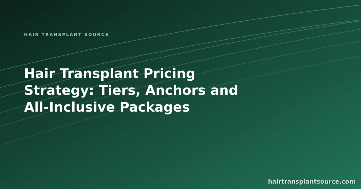Stylised cover art for “Hair Transplant Pricing Strategy: Tiers, Anchors and All-Inclusive Packages” — rising trend-line motif in brand greens (Clinic Growth series)