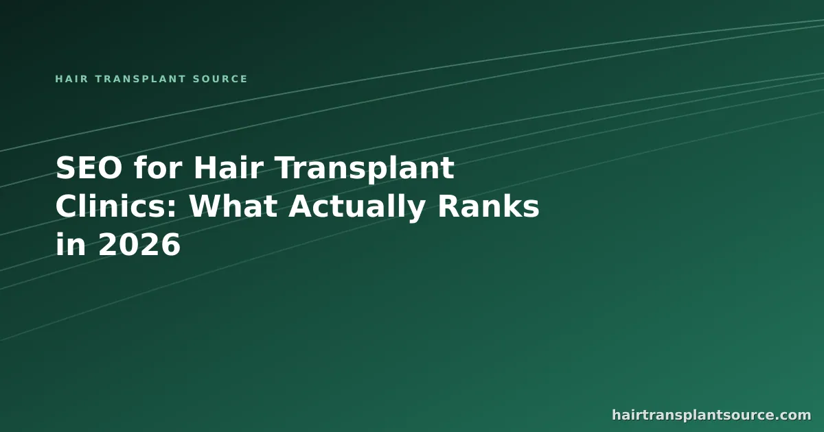 Stylised cover art for “SEO for Hair Transplant Clinics: What Actually Ranks in 2026” — rising trend-line motif in brand greens (Clinic Growth series)