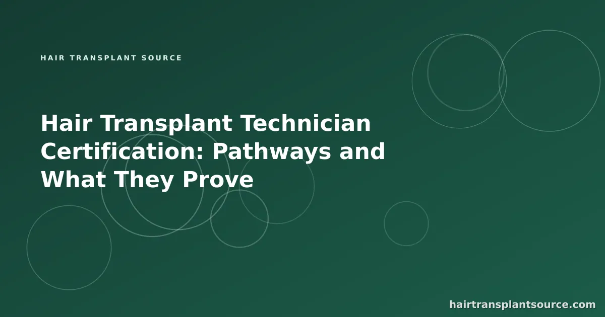 Stylised cover art for “Hair Transplant Technician Certification: Pathways and What They Prove” — linked-nodes motif in brand greens (Team & Operations series)