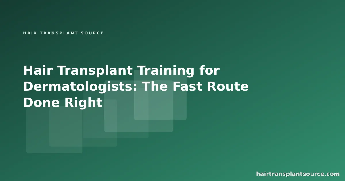 Stylised cover art for “Hair Transplant Training for Dermatologists: The Fast Route Done Right” — layered study-card motif in brand greens (Training series)