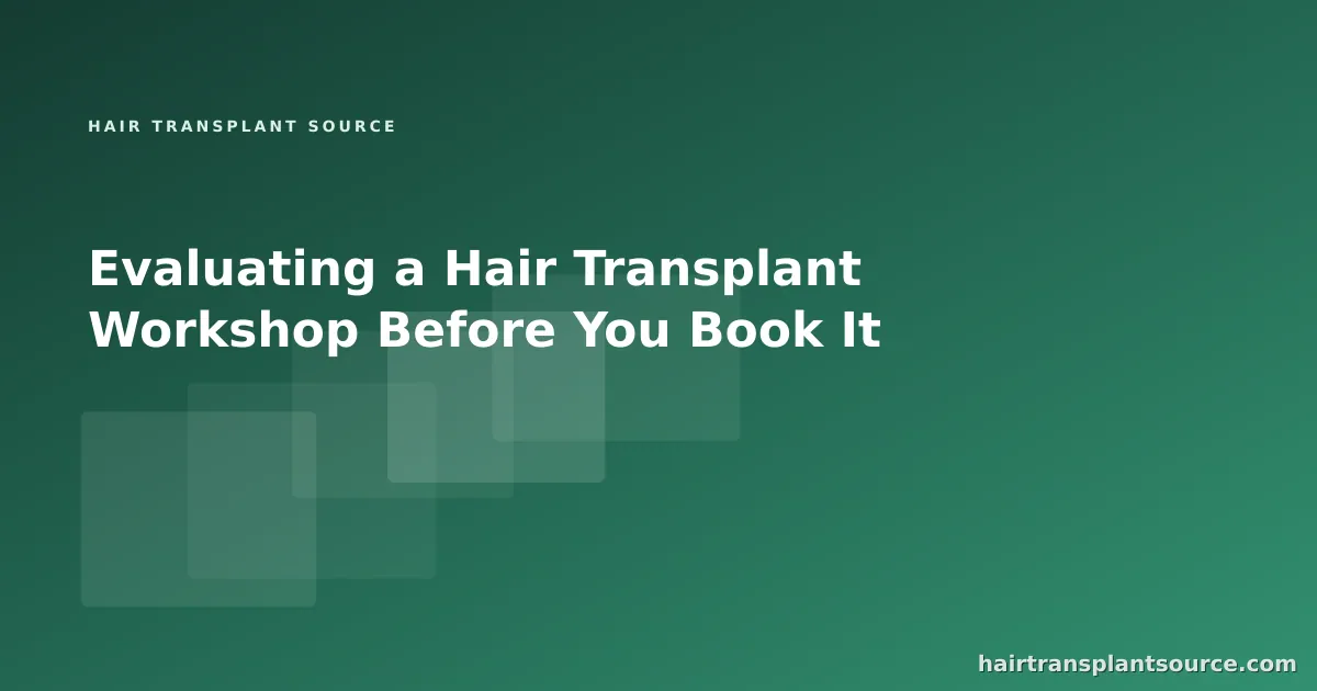 Stylised cover art for “Evaluating a Hair Transplant Workshop Before You Book It” — layered study-card motif in brand greens (Training series)