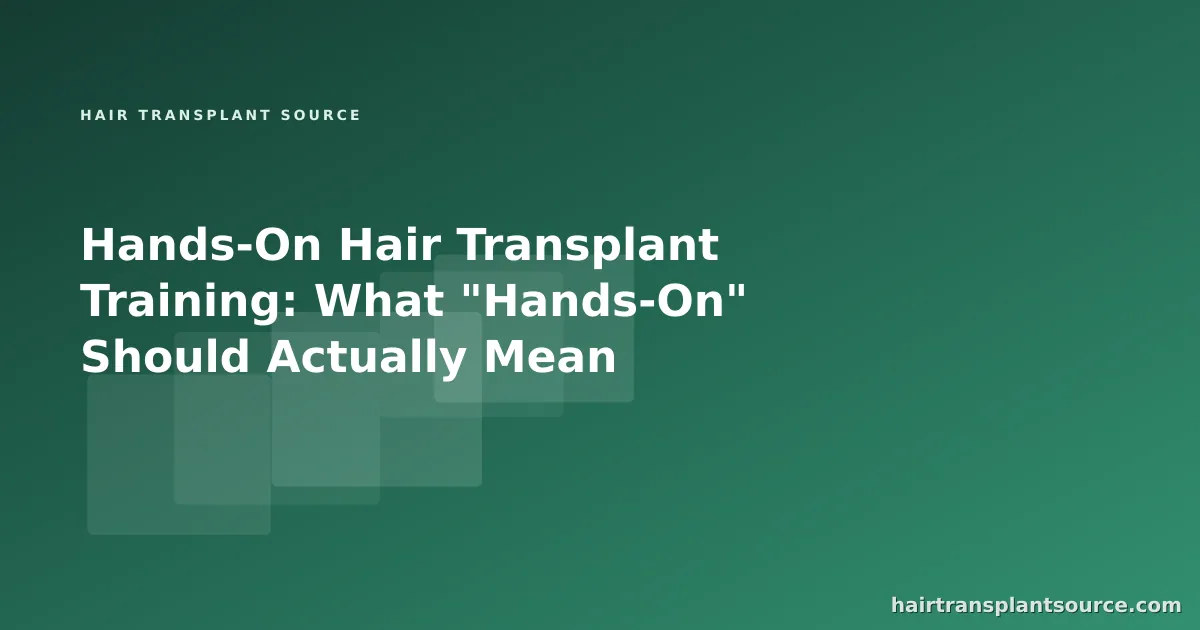 Stylised cover art for “Hands-On Hair Transplant Training: What "Hands-On" Should Actually Mean” — layered study-card motif in brand greens (Training series)