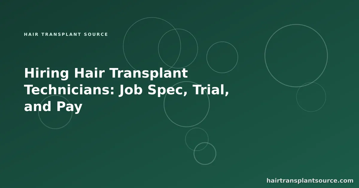 Stylised cover art for “Hiring Hair Transplant Technicians: Job Spec, Trial, and Pay” — linked-nodes motif in brand greens (Team & Operations series)
