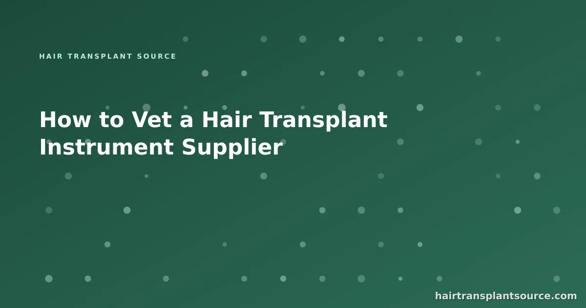 Cover art for "How to Vet a Hair Transplant Instrument Supplier" — layered document and instrument motif in brand greens (instruments & suppliers series)