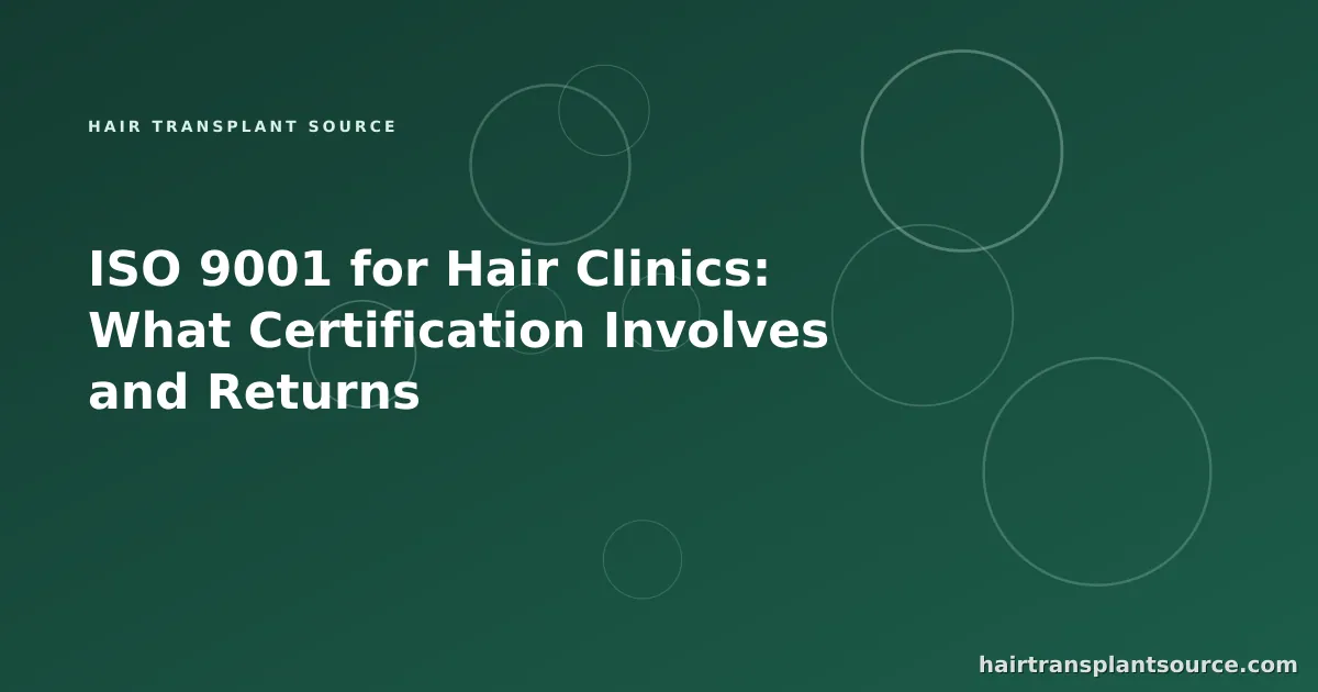 Stylised cover art for “ISO 9001 for Hair Clinics: What Certification Involves and Returns” — linked-nodes motif in brand greens (Team & Operations series)
