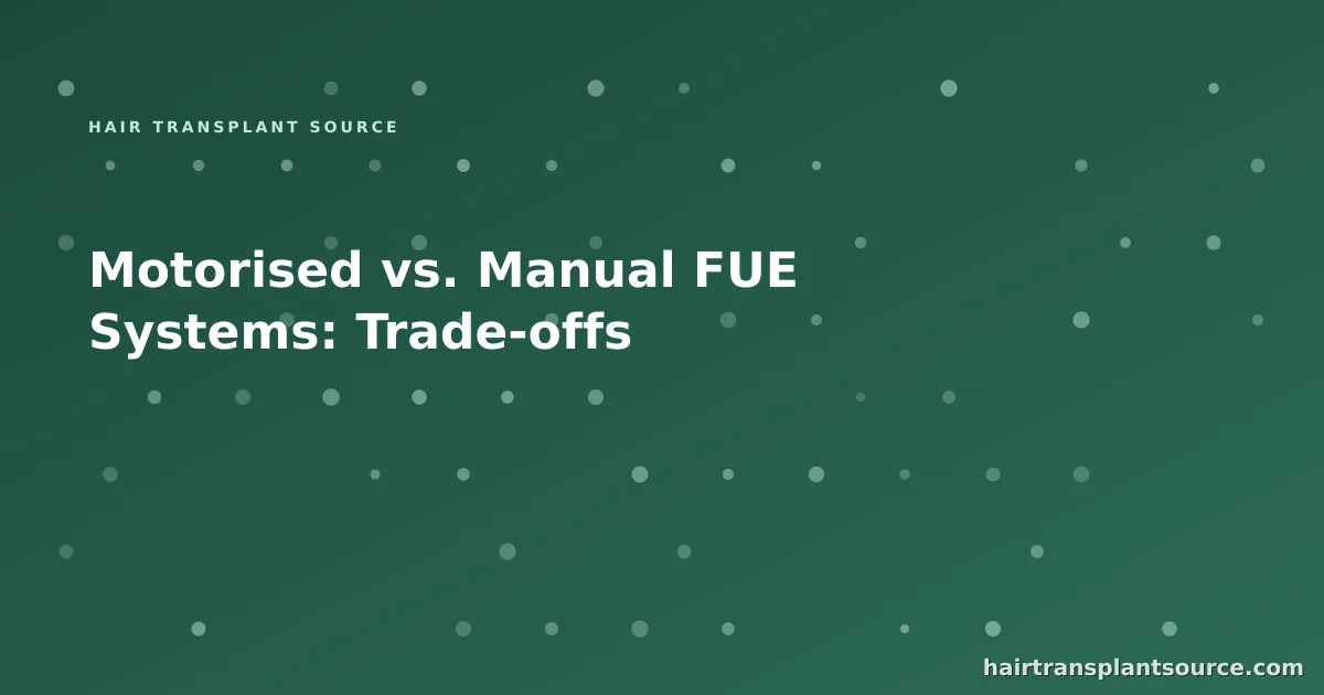 Stylised cover art for “Motorised vs. Manual FUE Systems: Trade-offs” — instrument grid motif in brand greens (Instruments & Suppliers series)