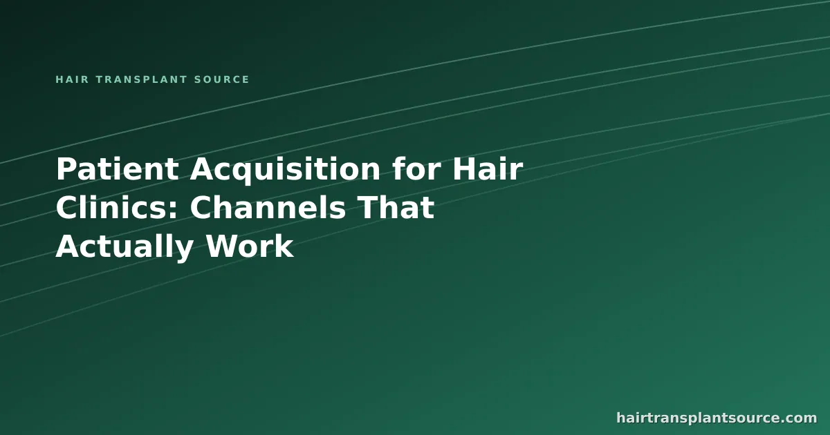 Stylised cover art for “Patient Acquisition for Hair Clinics: Channels That Actually Work” — rising trend-line motif in brand greens (Clinic Growth series)