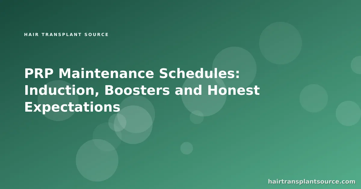 Stylised cover art for “PRP Maintenance Schedules: Induction, Boosters and Honest Expectations” — droplet-pattern motif in brand greens (PRP & Mesotherapy series)