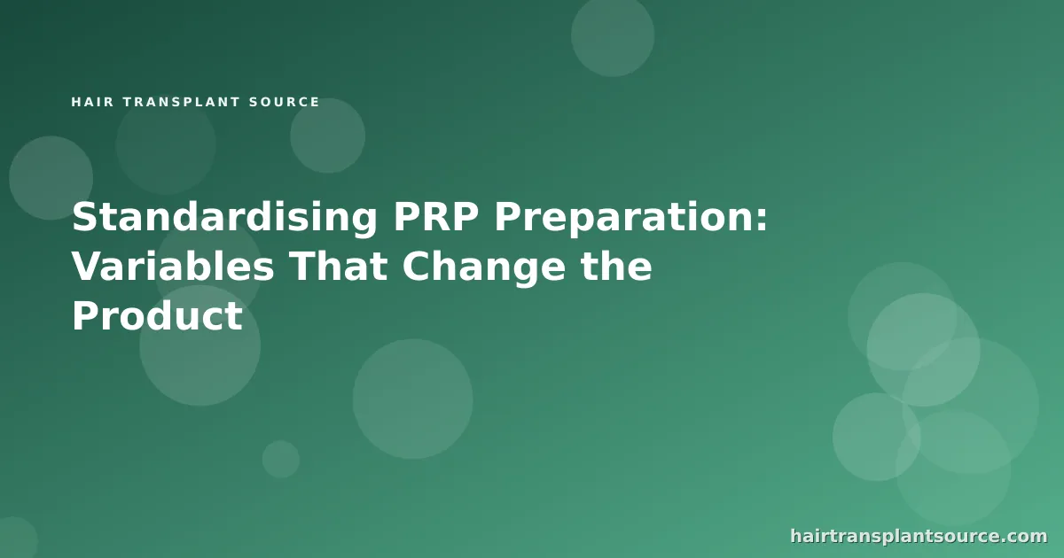 Stylised cover art for “Standardising PRP Preparation: Variables That Change the Product” — droplet-pattern motif in brand greens (PRP & Mesotherapy series)