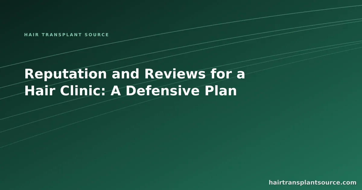 Stylised cover art for “Reputation and Reviews for a Hair Clinic: A Defensive Plan” — rising trend-line motif in brand greens (Clinic Growth series)