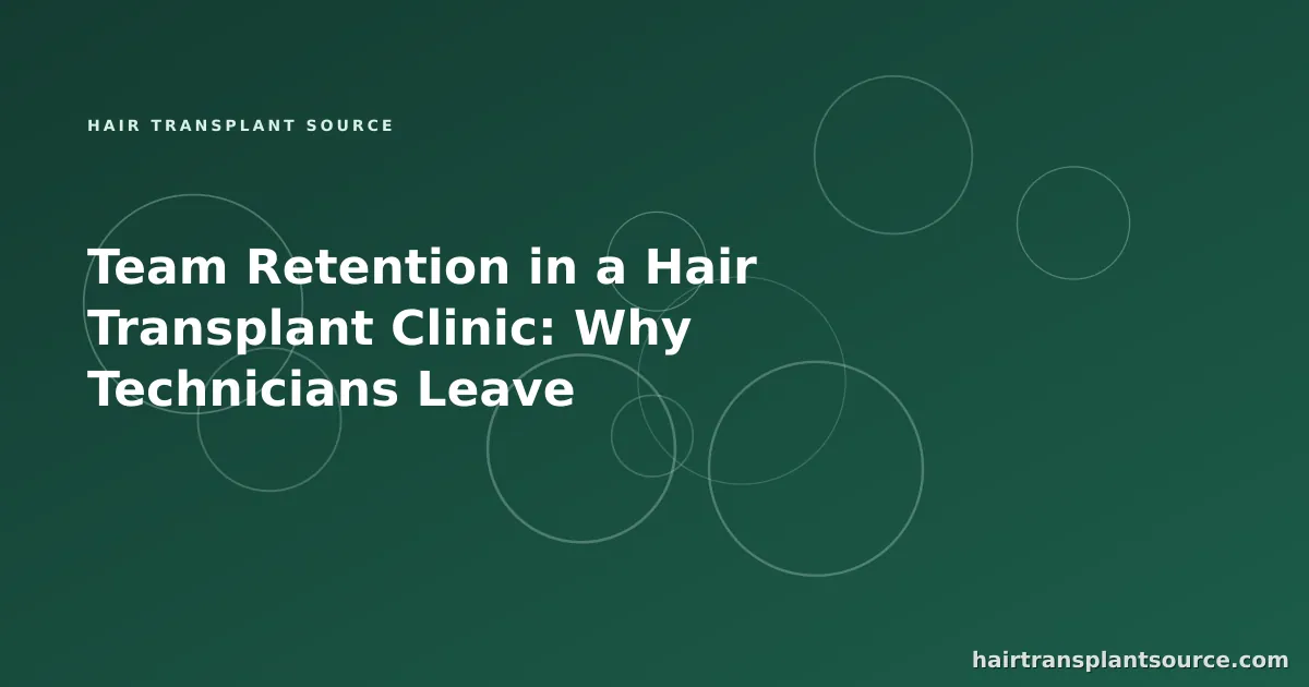 Stylised cover art for “Team Retention in a Hair Transplant Clinic: Why Technicians Leave” — linked-nodes motif in brand greens (Team & Operations series)