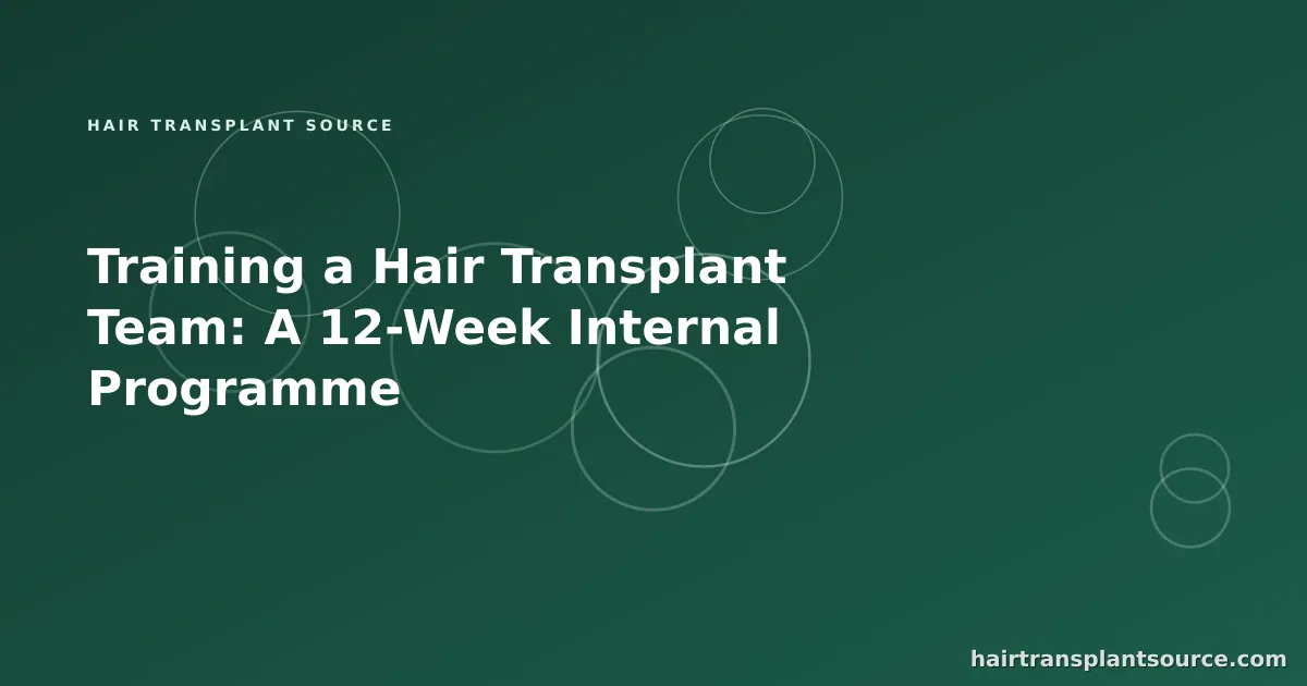 Stylised cover art for “Training a Hair Transplant Team: A 12-Week Internal Programme” — linked-nodes motif in brand greens (Team & Operations series)